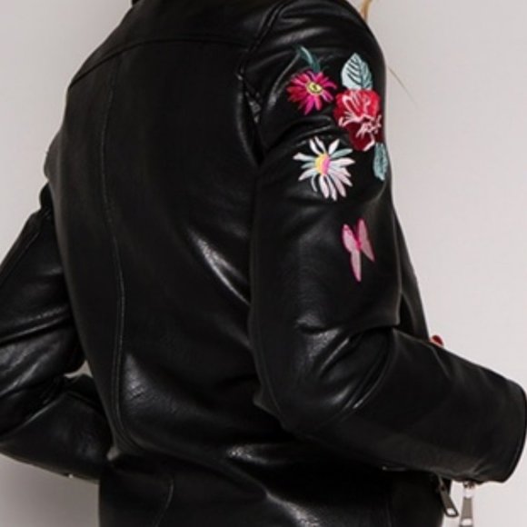 BLACK LEATHER JACKET EMBROIDERED JACKET VEGAN - Picture 3 of 4